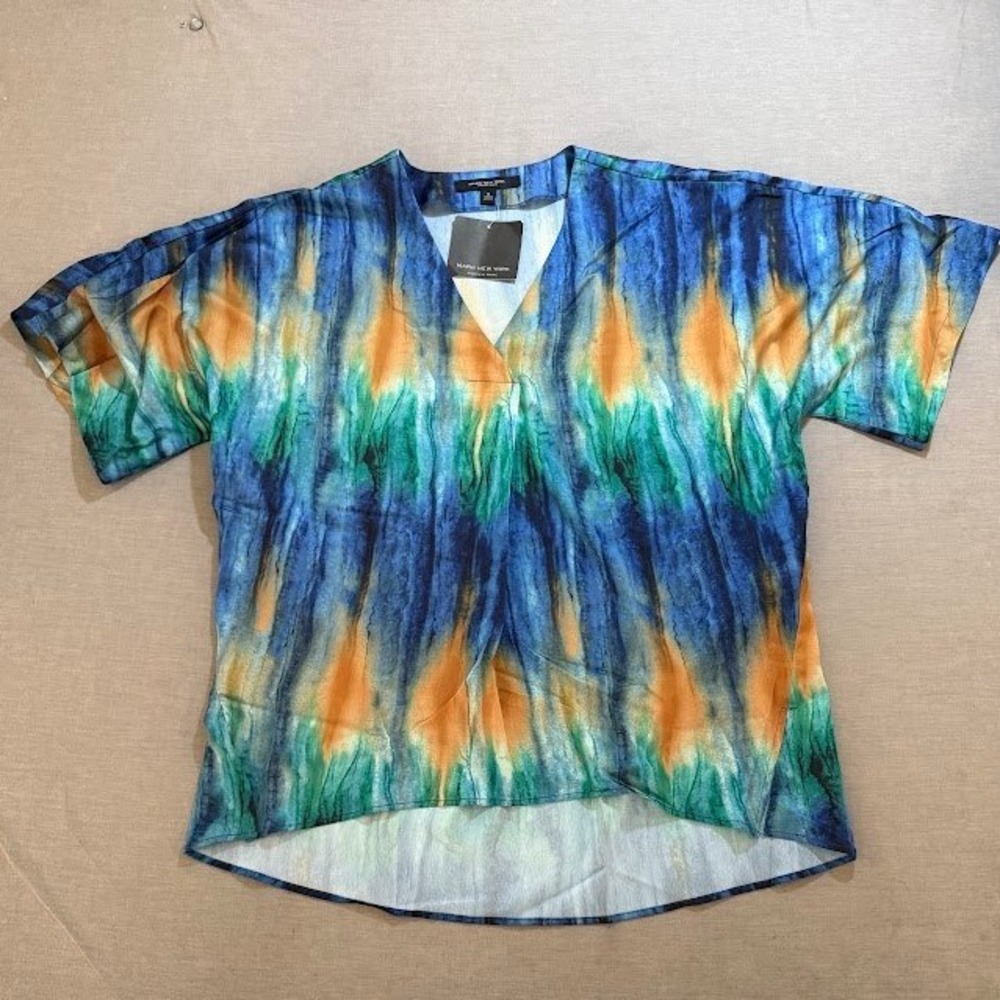 Marc New York Andrew Marc Abstract Tie Dye V Neck‎ Tunic Top Blue Orange Green M